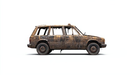 Old, rusty SUV on a white isolated background, showcasing wear and tear, perfect for themes of decay, neglect, or urban exploration.