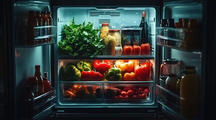 Open refrigerator filled with fresh produce and groceries at night
