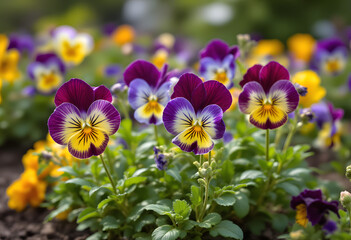 Pansies growing in a flower bed. Gardening and landscape design concept.