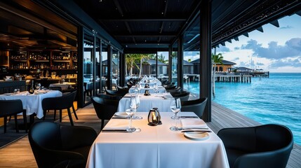 Fototapeta premium Sleek luxury yachtinspired twostory restaurant with polished wood finishes, nautical decor, and ocean views