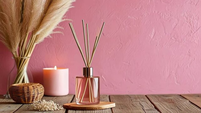 A calming scene featuring a fragrance diffuser, candle, and decorative elements, creating a serene home atmosphere.