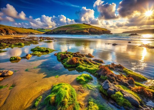 Daymer Bay Cornwall Low Tide Sunlit Rockpools and Seaweed - Stunning Coastal Scene