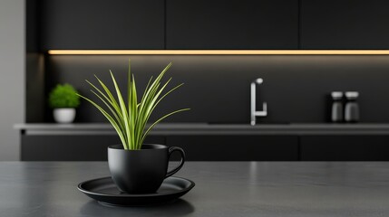 A minimalist kitchen showcases a black cup with a green plant, creating a modern and serene ambiance, This image is great for interior design, home decor, and lifestyle content,