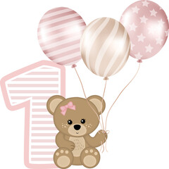 Adorable teddy Bear Girl with number 1 for Birthday Party