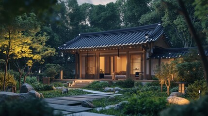 Obraz premium Traditional korean house nestled within a lush green garden