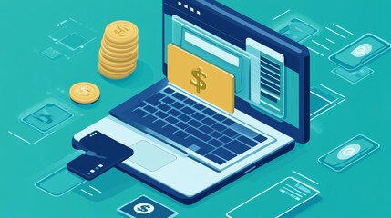 Digital wallet payment icon on internet mobile banking, online wallet business concept. Man hold smartphone and computer laptop with online money transaction application. Bank e-commerce investment