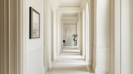 Obraz premium Long luxurious white hallway with artwork and arched openings