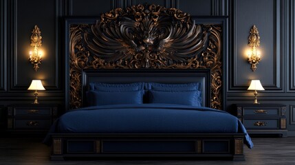 Elegant bedroom featuring a luxurious dark blue bed with ornate gold-accented headboard and matching decor, Ideal for real estate, interior design, or home decor projects,
