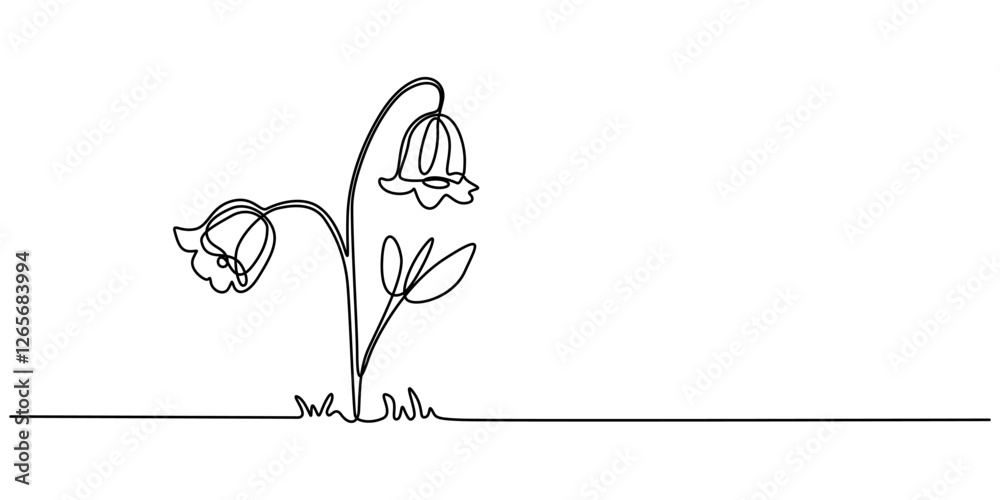 Poster Spring Snowdrop Flower Single Line Drawing with Editable Stroke and Copy Space, Abstract bell shaped flowers in continuous line art drawing style. Minimalist black linear sketch isolated on white back