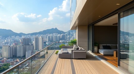 Luxurious apartment balcony overlooks a city skyline and mountains