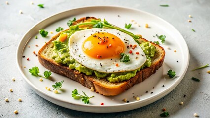 Delicious Avocado Toast with Sunny-Side Up Egg on White Plate - Stock Photo
