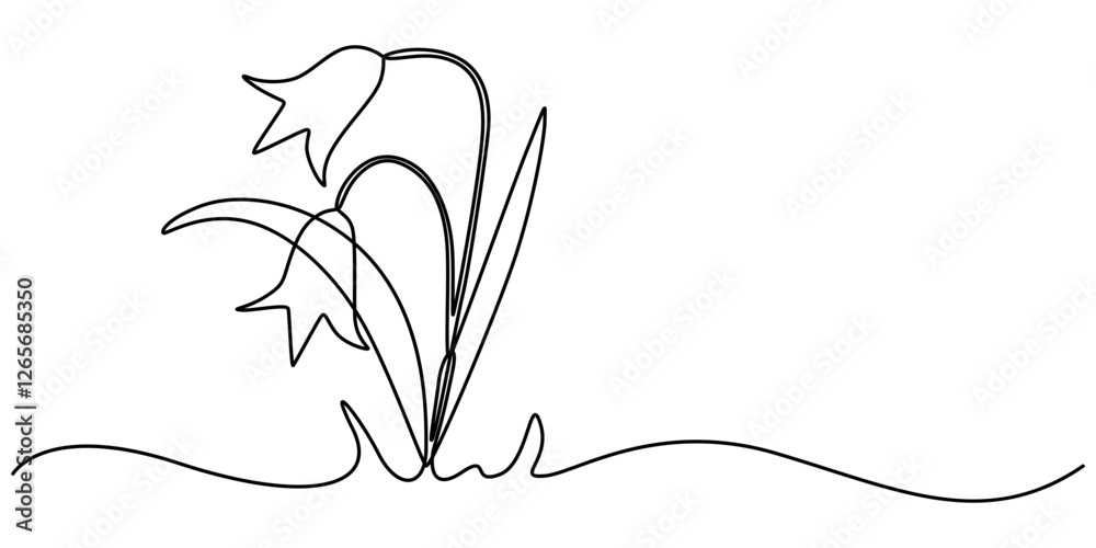 Aufkleber Spring Snowdrop Flower Single Line Drawing with Editable Stroke and Copy Space, Abstract bell shaped flowers in continuous line art drawing style. Minimalist black linear sketch isolated on white back