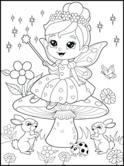 Black and white fairy coloring pages for kids. Children's coloring books with cute cartoon fairy characters, fun and educational materials for kindergarten.

