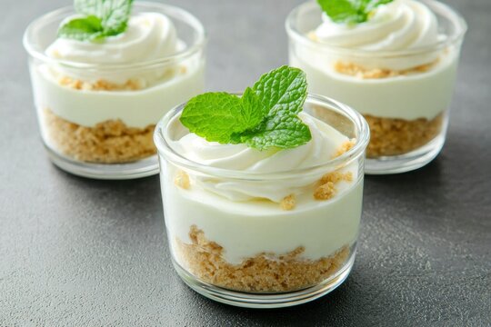 Mini cheesecakes served in glasses, grey background, for desserts and refreshments