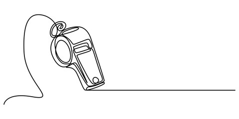 Continuous one line drawing of sport whistle icon in silhouette on a white background. Linear stylized, Sports whistle one line art. Continuous line drawing of sport, coach, referee, activity, pro.