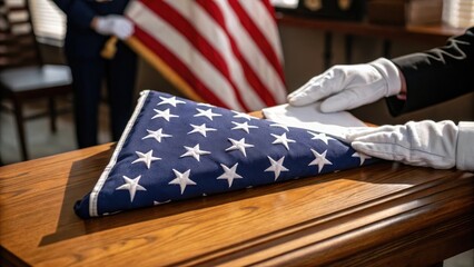 Folded American flag presented in a formal setting during a solemn ceremony