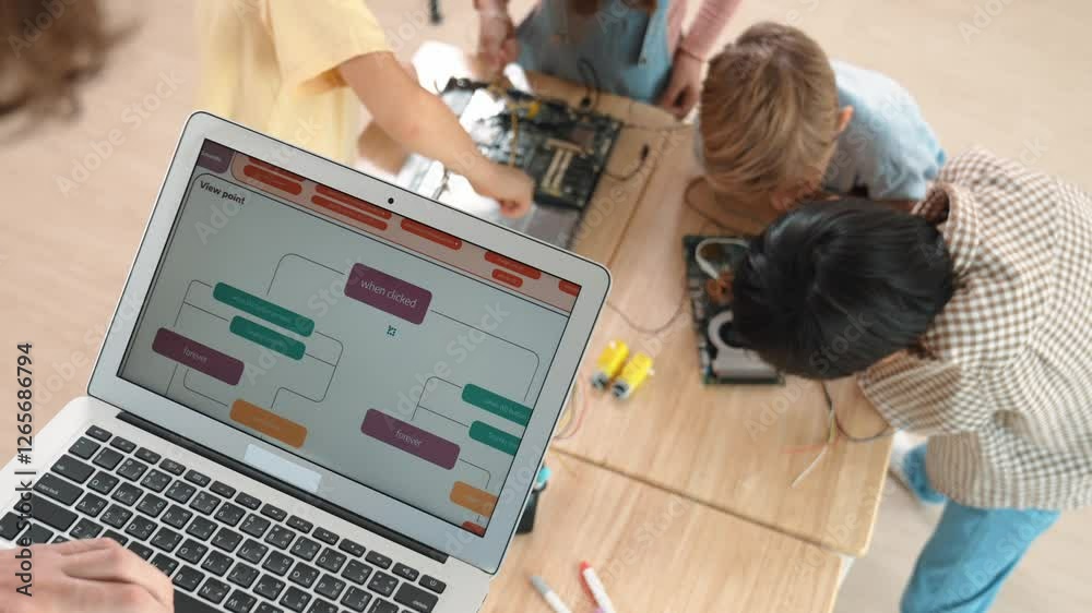 Poster top view of smart caucasian teacher coding engineering prompt and generated ai while diverse childre