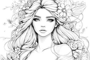 Fototapeta premium A woman with long hair and a flowery background. The woman is smiling and has a bright, happy expression