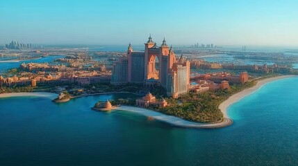 Obraz premium Aerial view of Dubai resort complex on a sunny day