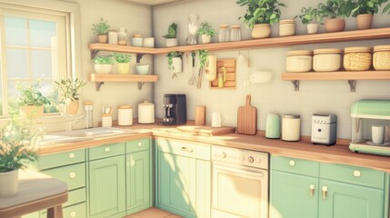 Bright airy kitchen with green cabinets and wooden shelves