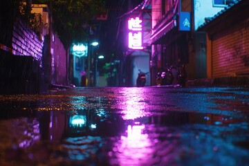 Obraz premium City alley at night with neon lights reflected in the puddles after the rain