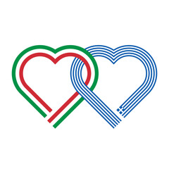 heart shaped ribbon of italy and greece flags intertwined. vector illustration isolated on white background