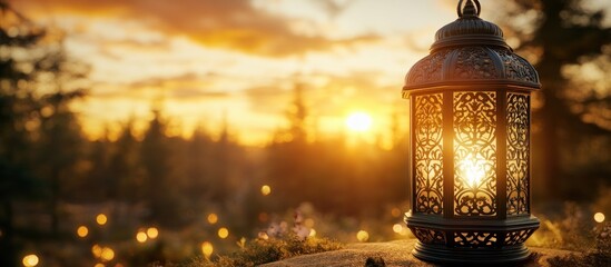 Naklejka premium Illuminated lantern at sunset in a forest.