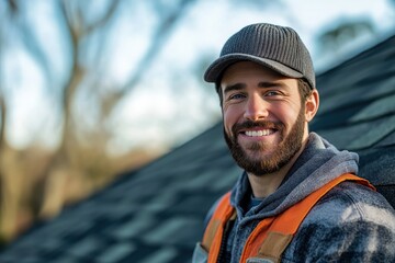 Smiling Male Roofing Construction Worker in Hard Hat with Tools - Professional Carpentry & Home Improvement Expert Outdoors Under Blue Skies