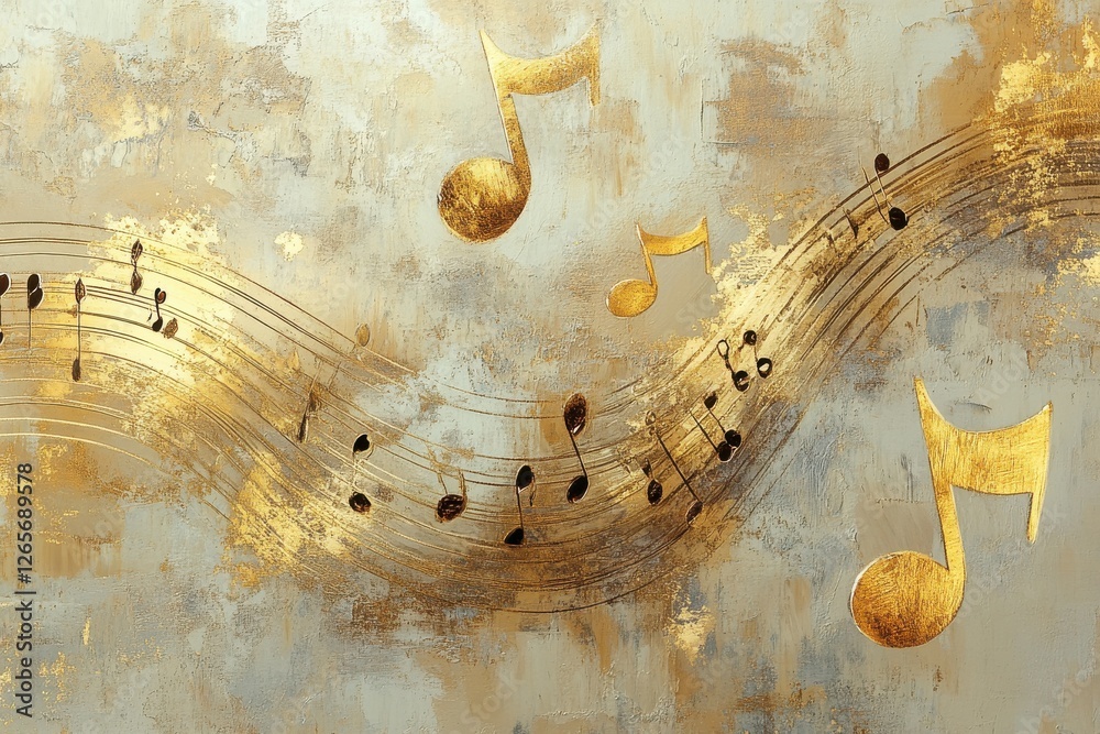 Poster artistic abstract background depicting golden musical notes on a textured surface