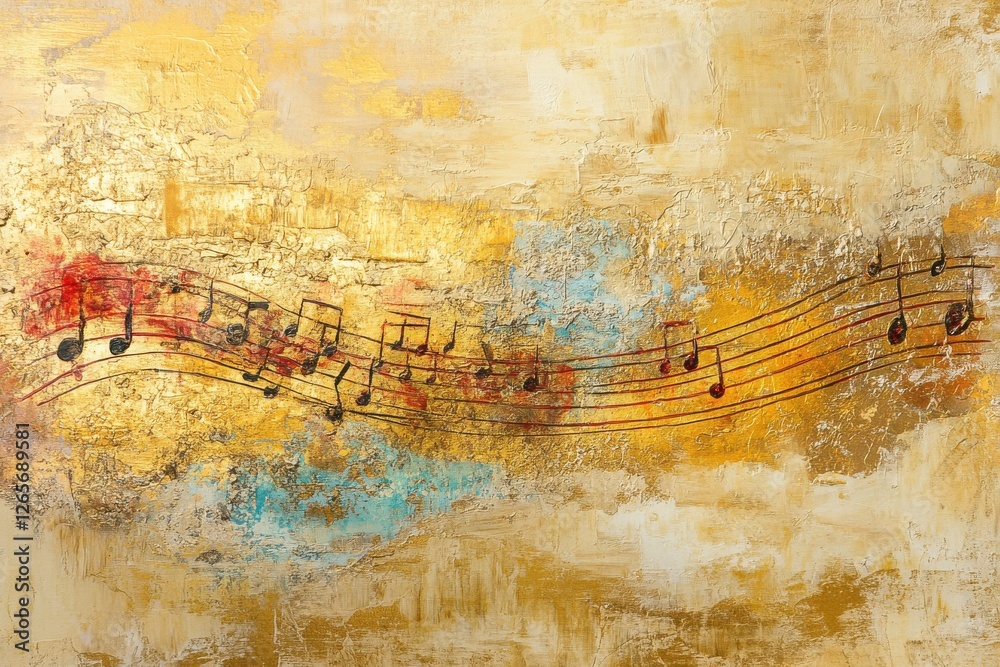 Poster colorful musical notes gracefully flow across a textured golden background in an artistic compositio