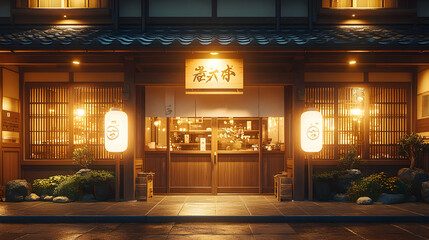 Night view of a Japanese restaurant, warm lights, inviting atmosphere, street scene, ideal for travel blogs