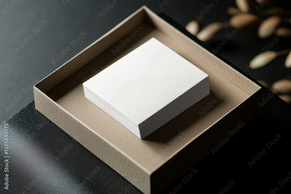 Poster Blank card stack presented in a simple box with leaves in soft focus on a dark surface