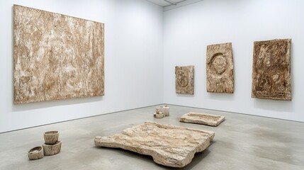 Modern art exhibition featuring wood sculptures and paintings in a gallery