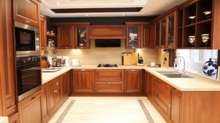 Fototapeta premium Beautiful brown wooden kitchen showcases modern appliances and elegant design