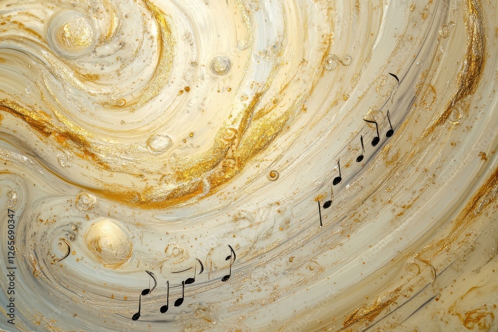 Poster abstract art featuring swirling patterns and musical notes against a golden backdrop