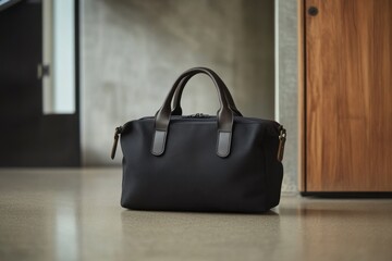 Elegant black leather bag resting on a polished surface near a wooden cabinet in a modern indoor space