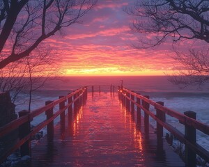 Obraz premium Winter sunrise pier on stormy sea.