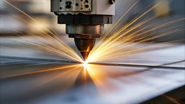 A laser cutting machine in operation, producing sparks while cutting through metal or other materials.