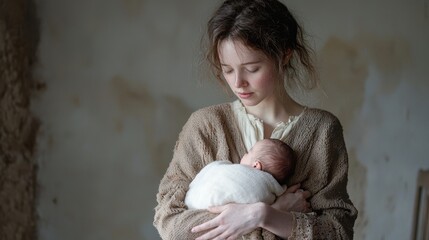 Tender Moment of Mother Cradling Baby in Dimly Lit Room with Soft Natural Light