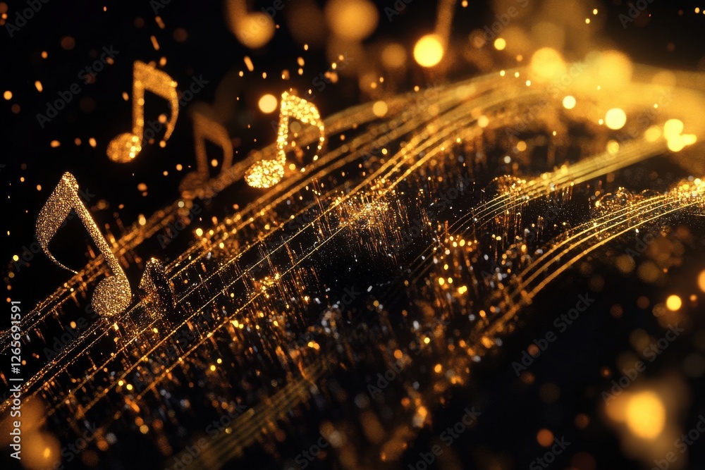 Poster Golden music notes and sparkling particles create a lively rhythm in a vibrant abstract composition