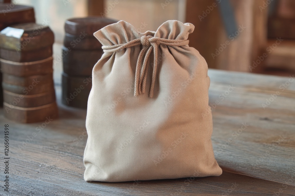 Poster soft fabric bag placed on a wooden table surrounded by wooden items in a cozy, rustic setting