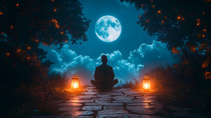 Nighttime meditation under full moon, serene landscape