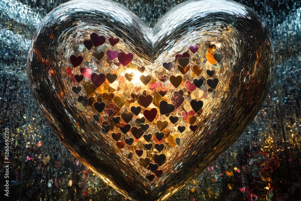Poster Heart-shaped artwork surrounded by shimmering reflections and colorful hearts creates a romantic atmosphere in an artistic space