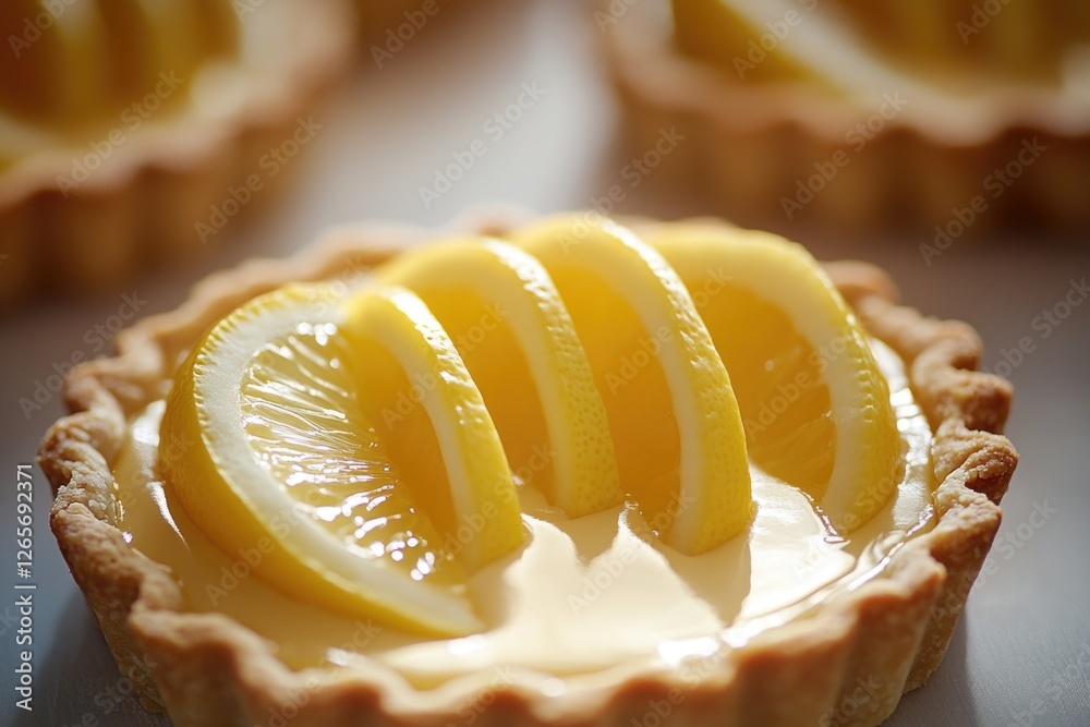 Poster a close-up shot of a tart with lemon slices on top