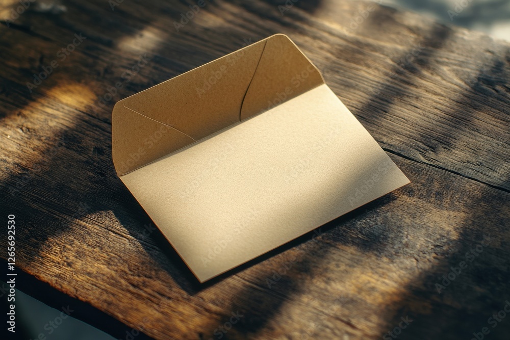 Aufkleber simple brown envelope resting on a rustic wooden surface in soft afternoon light