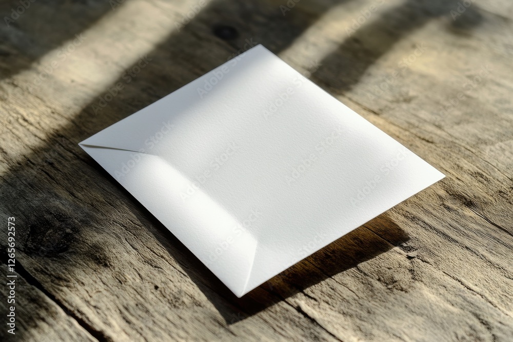 Poster blank white envelope resting on a rustic wooden surface illuminated by natural light in a cozy setti