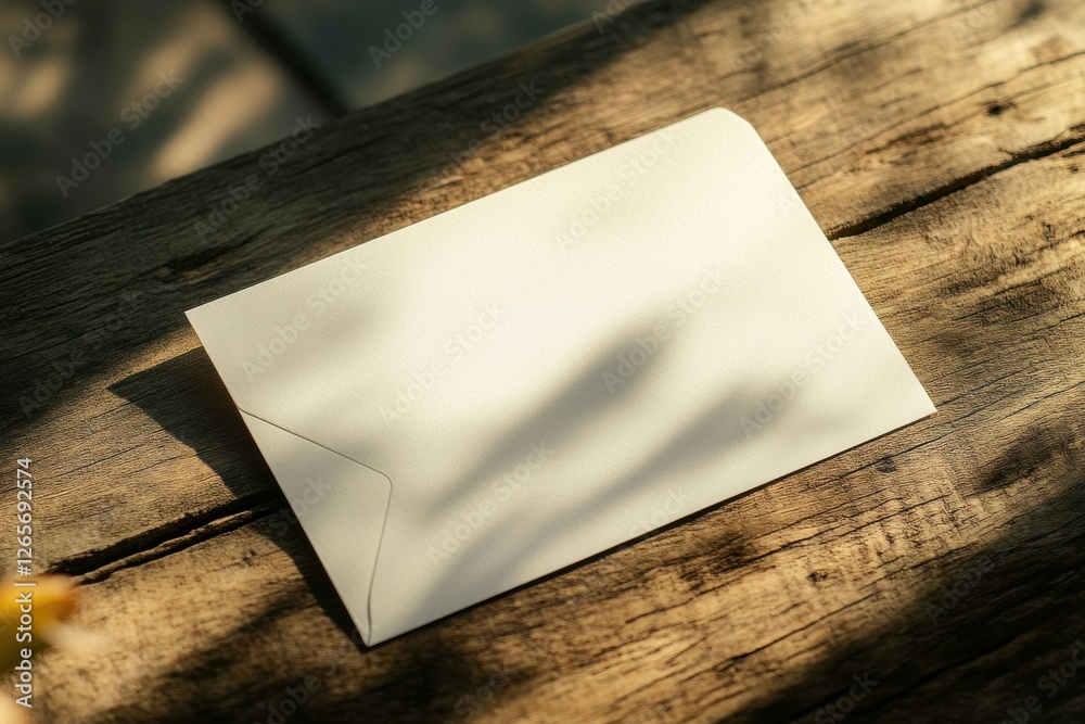 Aufkleber Elegant blank envelope resting on a rustic wooden table surrounded by soft shadows and natural light during daytime