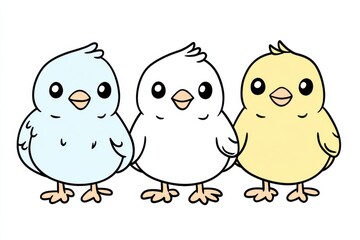 Fototapeta premium Three colorful cartoon birds standing together in a cheerful display on a simple white background