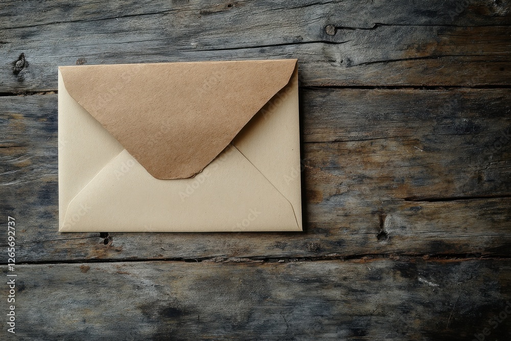 Poster simple brown envelope rests on rustic wooden surface in soft natural light, hinting at correspondenc