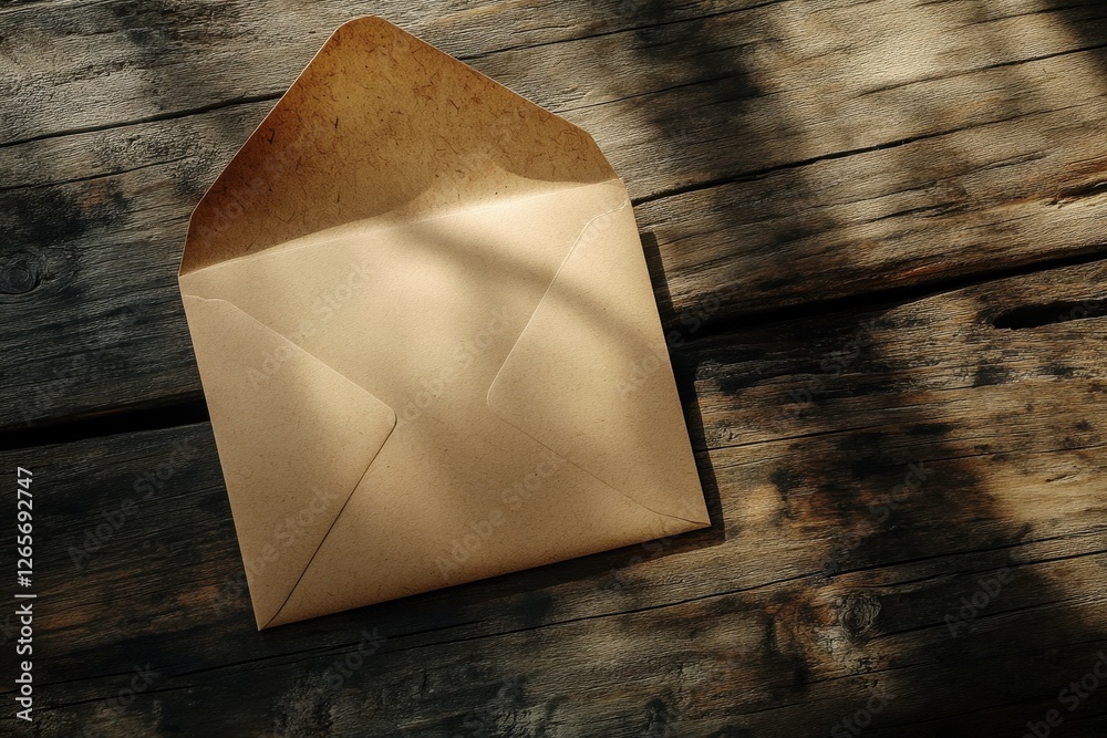 Poster brown envelope resting on rustic wooden table with shadows in the afternoon light